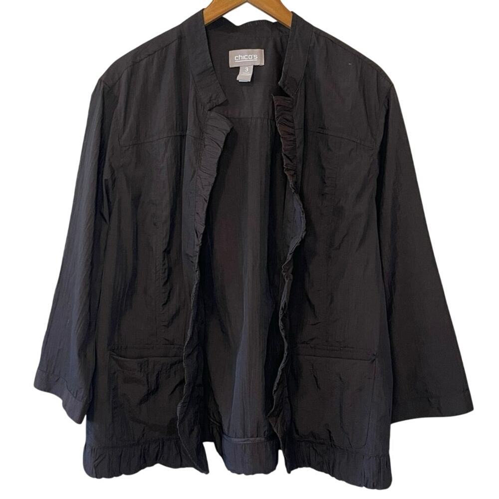 Chico’s Brown Nylon Textured Open Front Ruffle Grandmacore Jacket Size 3 (XL)
